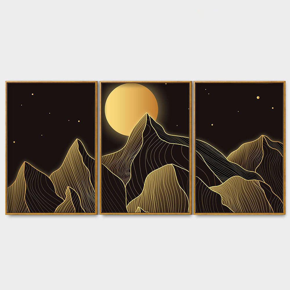 Beautiful Moon and Golden Mountains Floating Canvas Wall Painting Set of Three