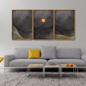 Beautiful Moon and Golden Mountains Line Art Floating Canvas Wall Painting Set of Three