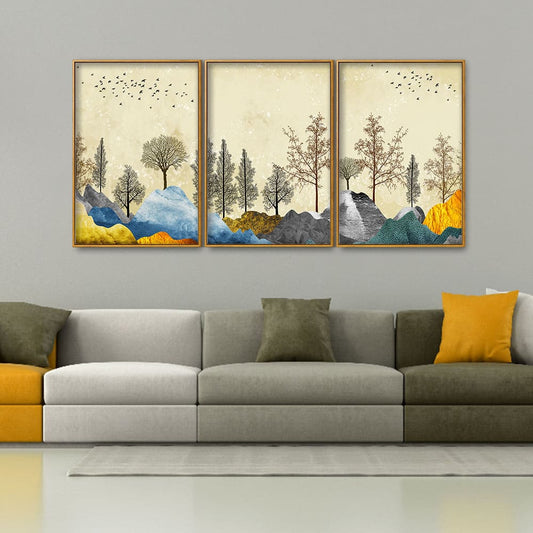 Beautiful Mountain Landscape with Trees Premium Floating Canvas Wall Painting Set of Three