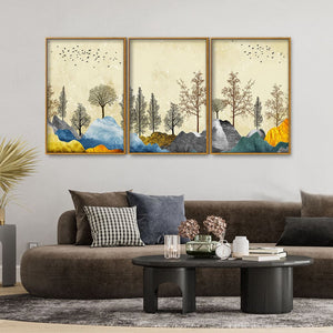 Beautiful Mountain Landscape with Trees Premium Floating Canvas Wall Painting Set of Three