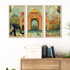 Beautiful Mughal Garden with Elephants Peacocks Art Wooden Wall Frame Set of Three