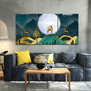 Beautiful Night Landscape Golden Deer Wall Painting of Three Pieces