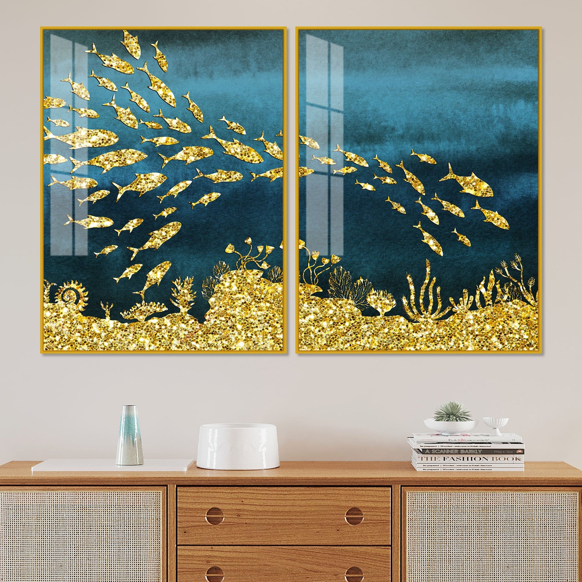 Beautiful Ocean View of Golden Fish Pattern Acrylic Floating Wall Painting Set Of 2