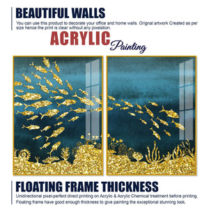 Beautiful Ocean View of Golden Fish Pattern Acrylic Floating Wall Painting Set Of 2