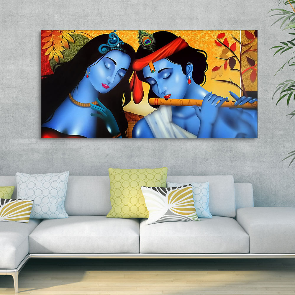 Beautiful Painting of Radha Krishna with Flute Canvas Wall Painting