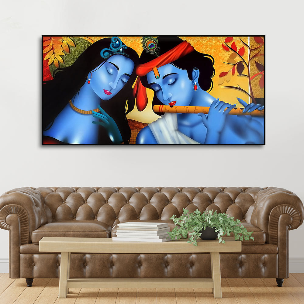 Beautiful Painting of Radha Krishna with Flute Canvas Wall Painting