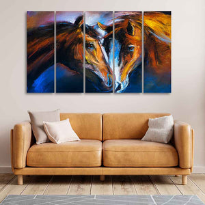 Beautiful Pair of Horses Five Pieces Wall Painting