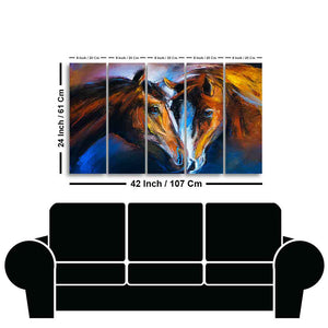 Beautiful Pair of Horses Five Pieces Wall Painting