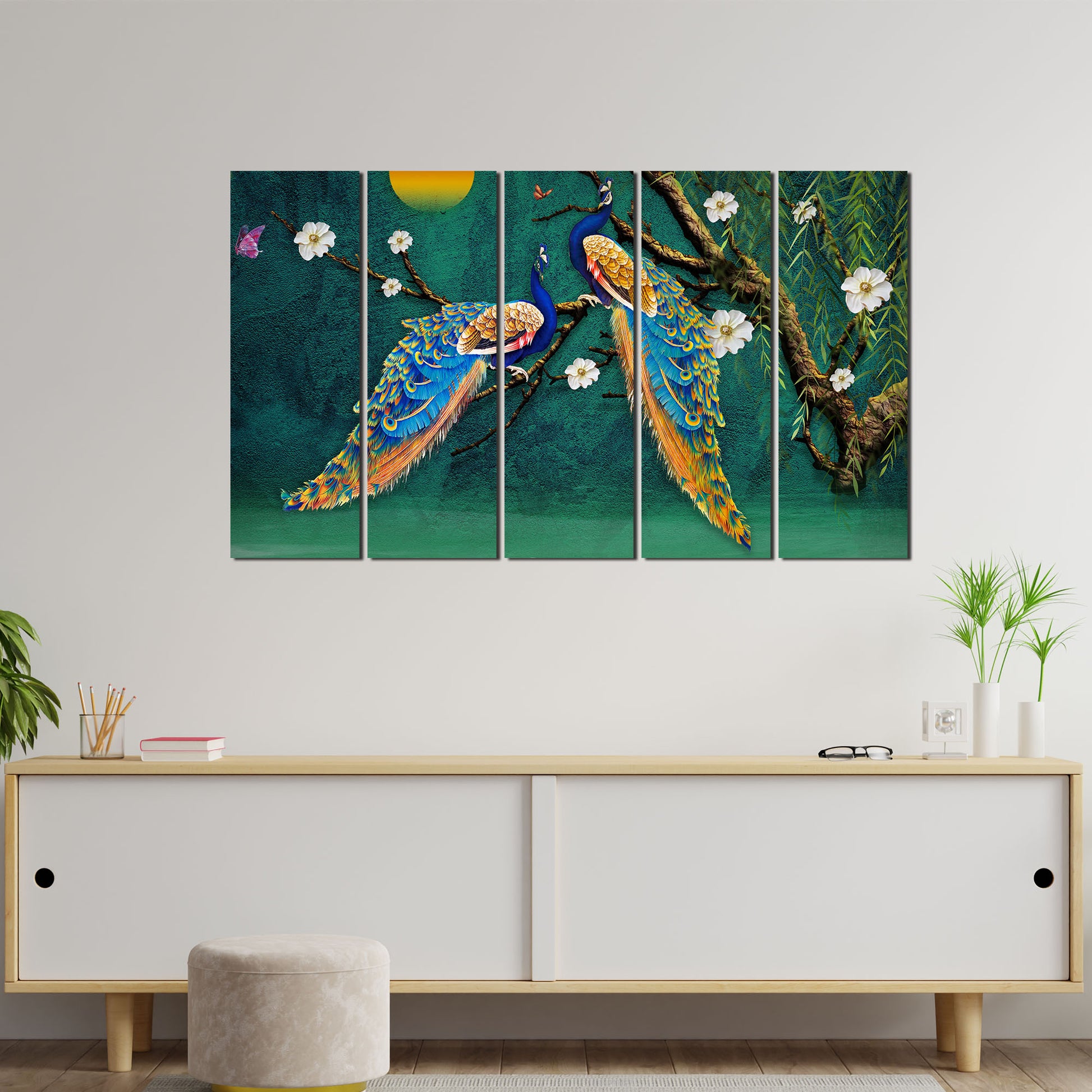 Beautiful Pair of Peacock Wall Painting 5 Pieces