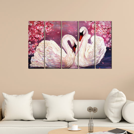 Beautiful Pair of Swans Canvas Wall Painting 5 Pieces