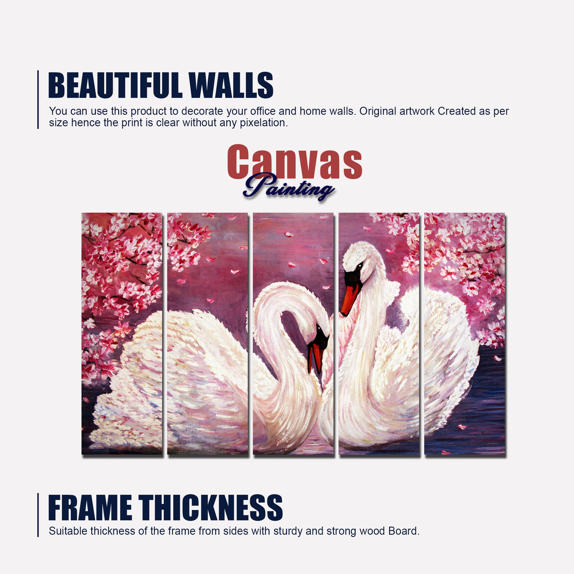 Beautiful Pair of Swans Canvas Wall Painting 5 Pieces