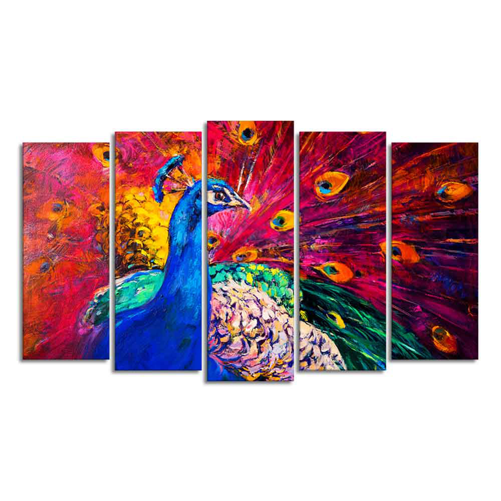 Beautiful Peacock Canvas Wall Painting of Five Pieces