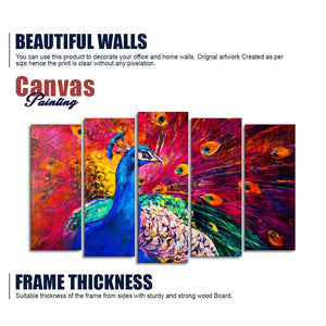 Beautiful Peacock Canvas Wall Painting of Five Pieces