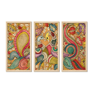 Beautiful Peacock Designer Floral Art Wooden Wall Frame Set of Three