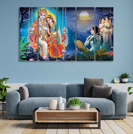 Beautiful Radha Krishna Canvas Wall Painting of Five Pieces