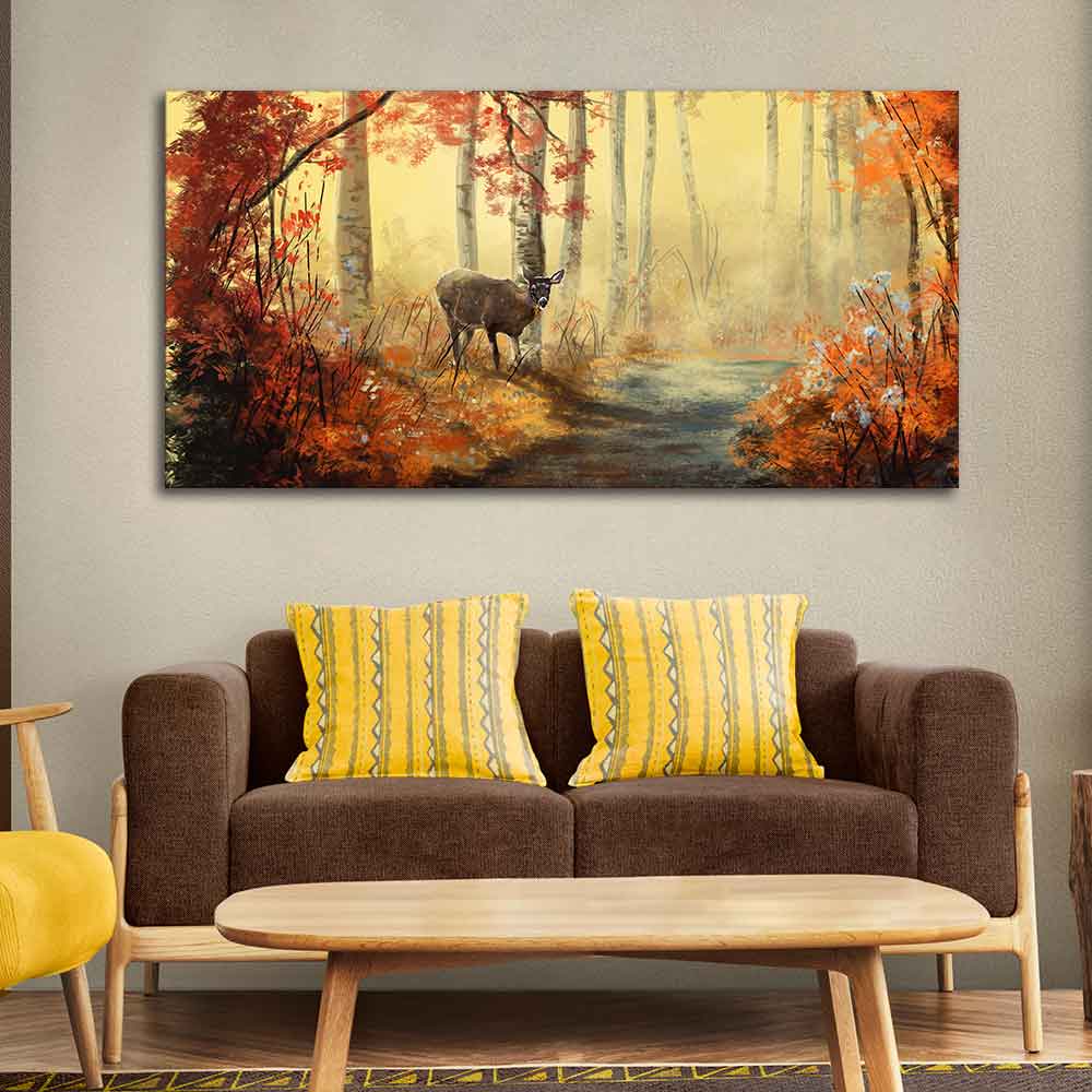 Beautiful Scenery Deer in Forest Canvas Big Wall Painting