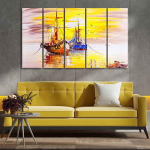 Beautiful Scenery of Sailing Ship on the Ocean Five Pieces Wall Painting