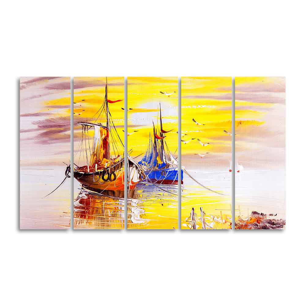 Beautiful Scenery of Sailing Ship on the Ocean Five Pieces Wall Painting