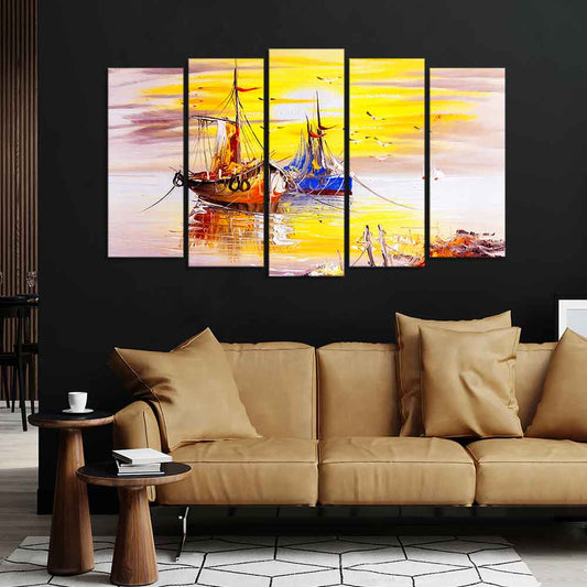 Beautiful Scenery of Sailing Ship on the Ocean Wall Painting Set of Five