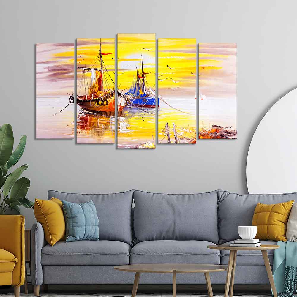 Beautiful Scenery of Sailing Ship on the Ocean Wall Painting Set of Five