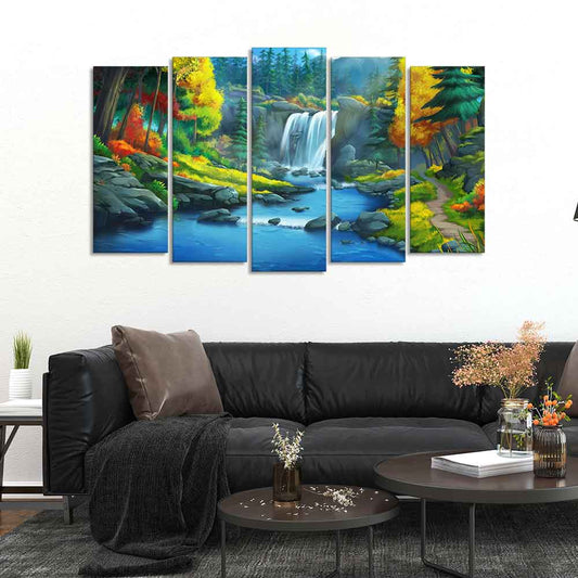 Beautiful Scenery of Waterfall in Forest Canvas Wall Painting Five Pieces