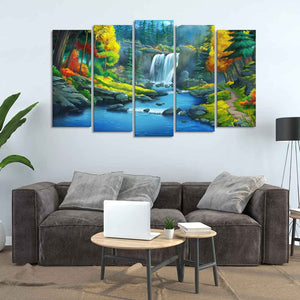 Beautiful Scenery of Waterfall in Forest Canvas Wall Painting Five Pieces