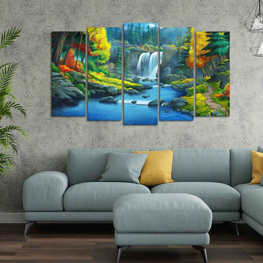 Beautiful Scenery of Waterfall in Forest Canvas Wall Painting Five Pieces