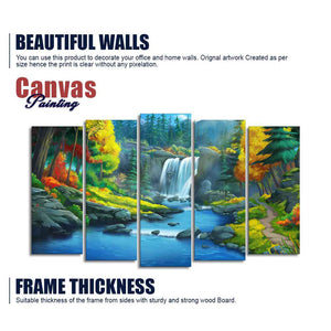 Beautiful Scenery of Waterfall in Forest Canvas Wall Painting Five Pieces