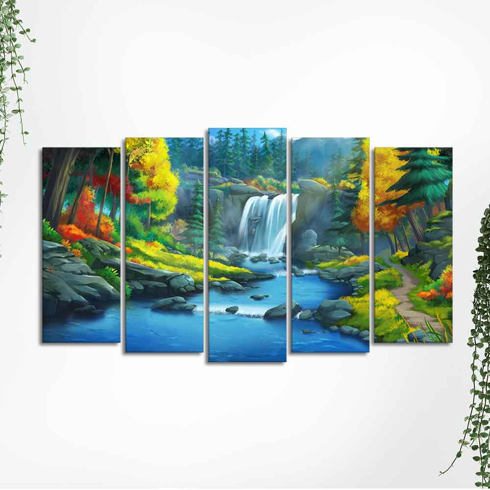 Beautiful Scenery of Waterfall in Forest Canvas Wall Painting Five Pieces