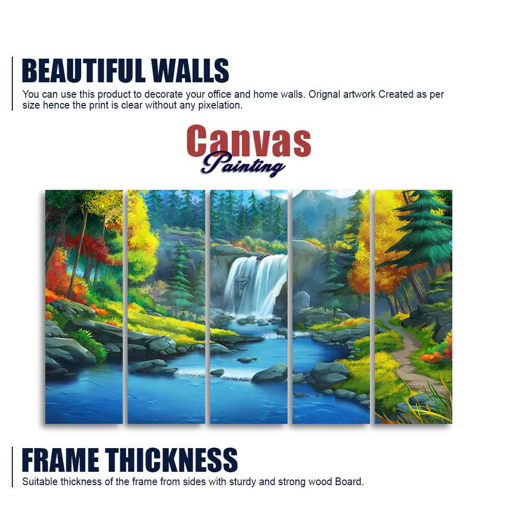 Beautiful Scenery of Waterfall in Forest Canvas Wall Painting Set of Five