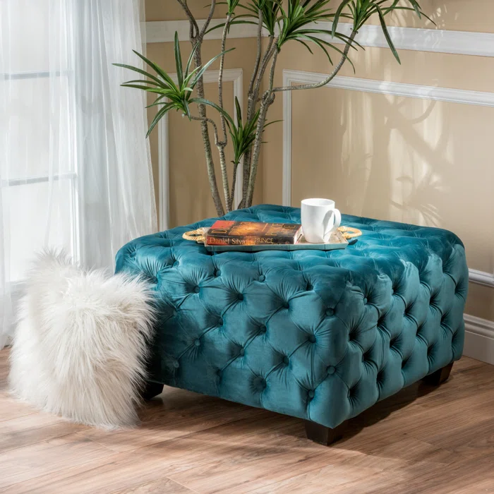 Beautiful Square Shaped Artistic Design Royal Blue Tufted Velvet Ottoman