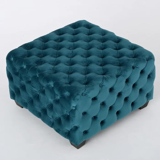 Beautiful Square Shaped Artistic Design Royal Blue Tufted Velvet Ottoman