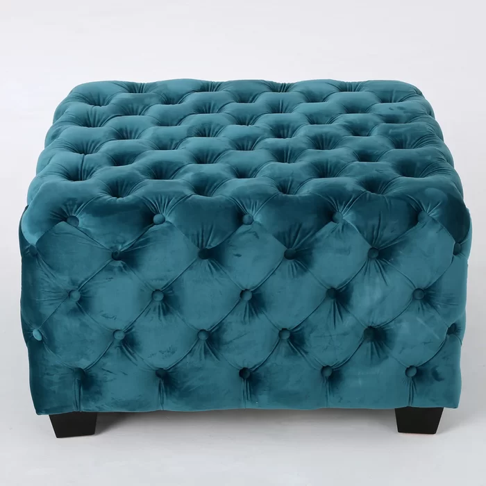 Beautiful Square Shaped Artistic Design Royal Blue Tufted Velvet Ottoman