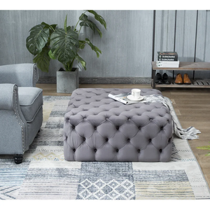 Beautiful Square Shaped Artistic Design Tufted Grey Velvet Ottoman