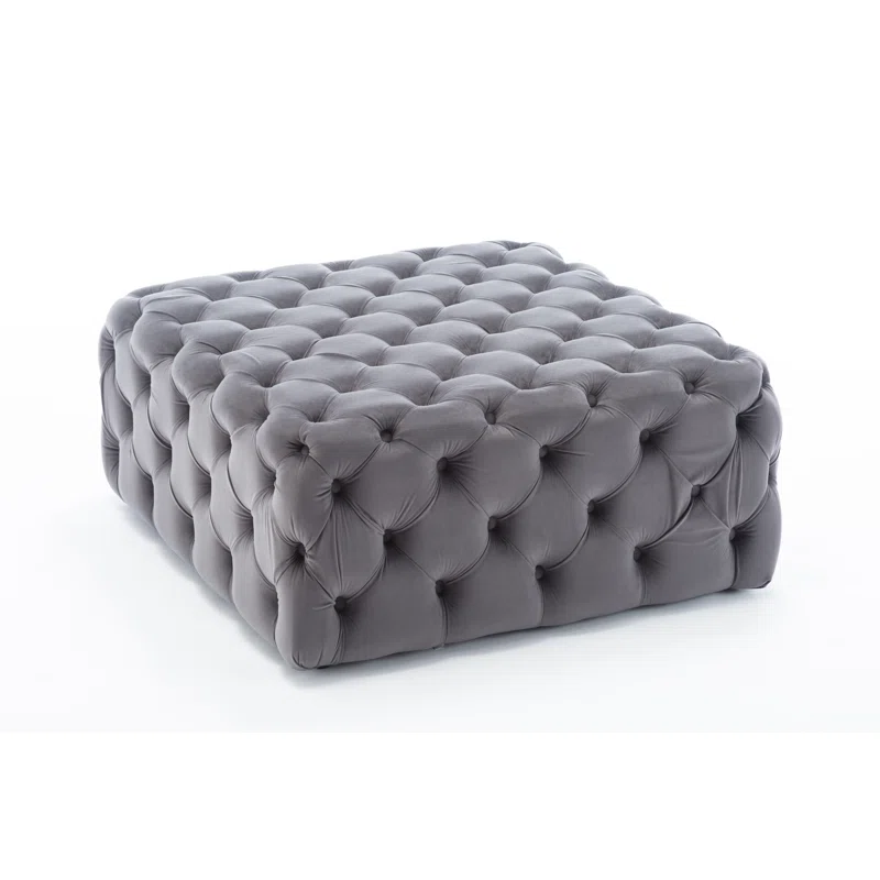 Beautiful Square Shaped Artistic Design Tufted Grey Velvet Ottoman