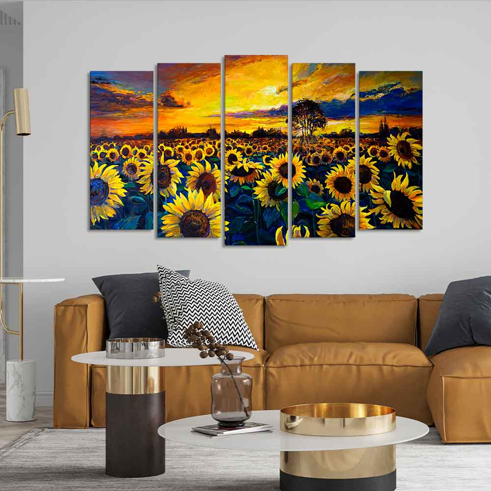 Beautiful Sunflower Garden Canvas Wall Painting of Five Pieces