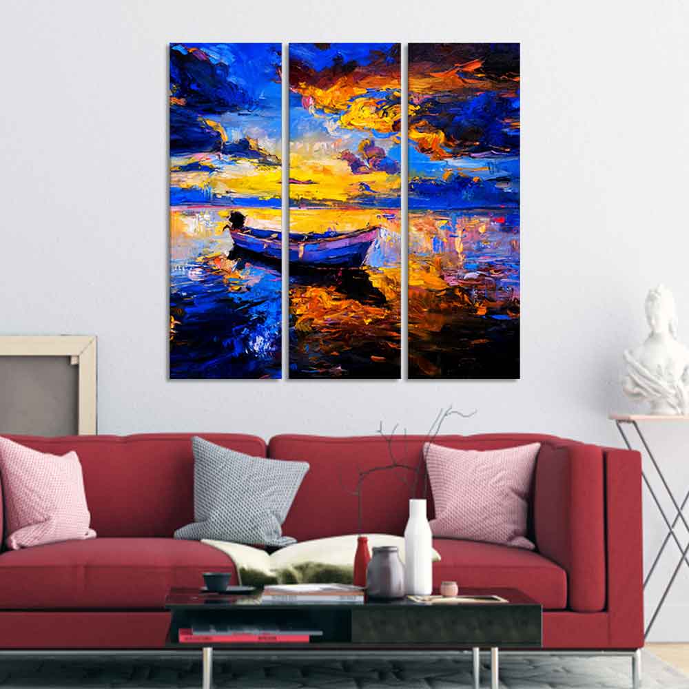 Beautiful Sunset & Boat Canvas Wall Painting of 3 Pieces