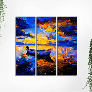 Beautiful Sunset & Boat Canvas Wall Painting of 3 Pieces