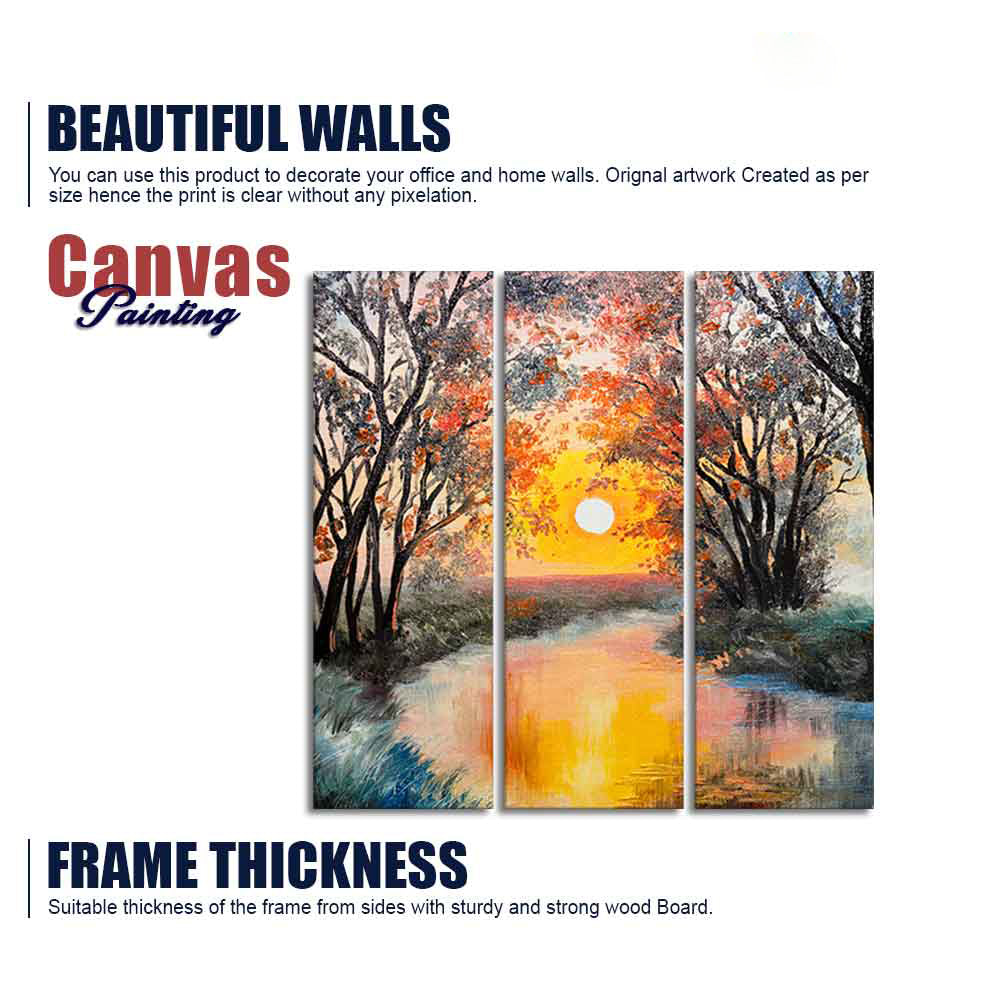 Beautiful Sunset at River Wall Painting Set of 3 Pieces