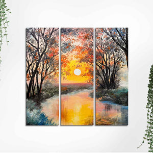 Beautiful Sunset at River Wall Painting Set of 3 Pieces