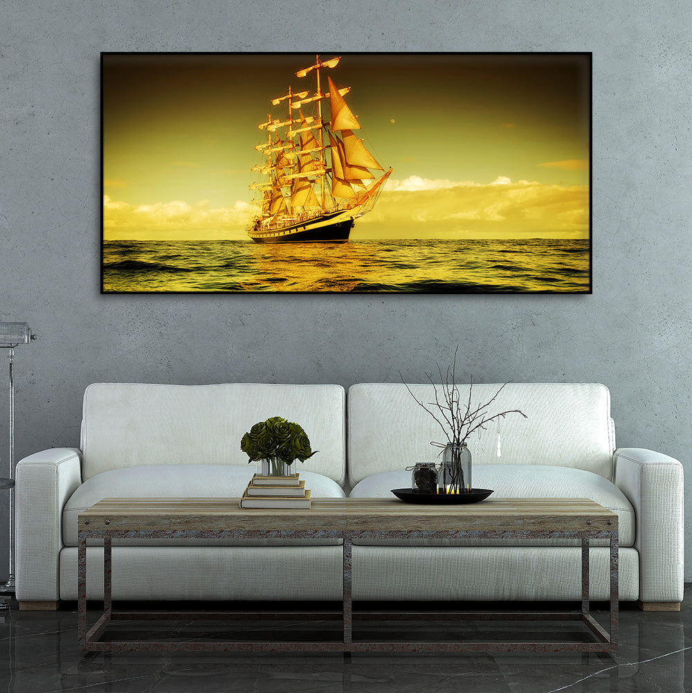 Beautiful Sunset Sailing Ship Wall Painting