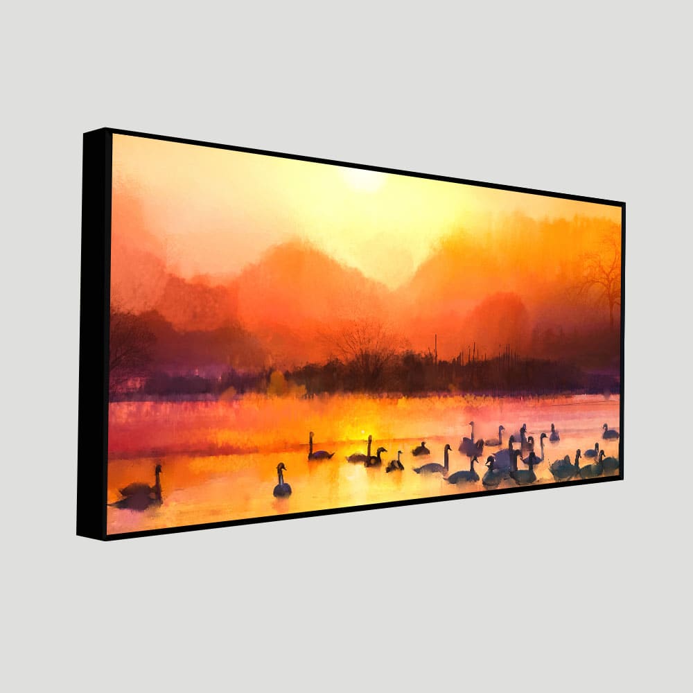 Beautiful Swans in Lake at Sunset Wall Painting