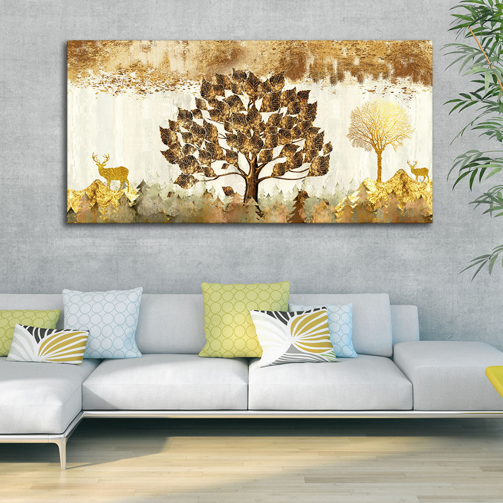 Beautiful Tree and Golden Deer Canvas Wall Painting