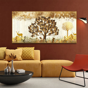 Beautiful Tree and Golden Deer Canvas Wall Painting