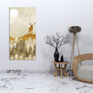 Beautiful Trees with Golden Deers Premium Canvas Wall Painting