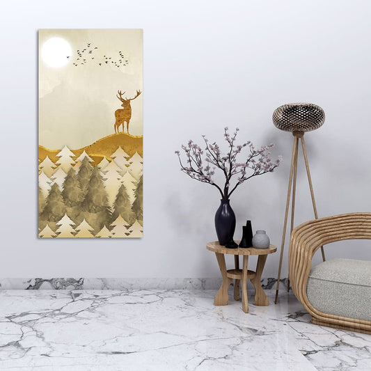 Beautiful Trees with Golden Deers Premium Canvas Wall Painting