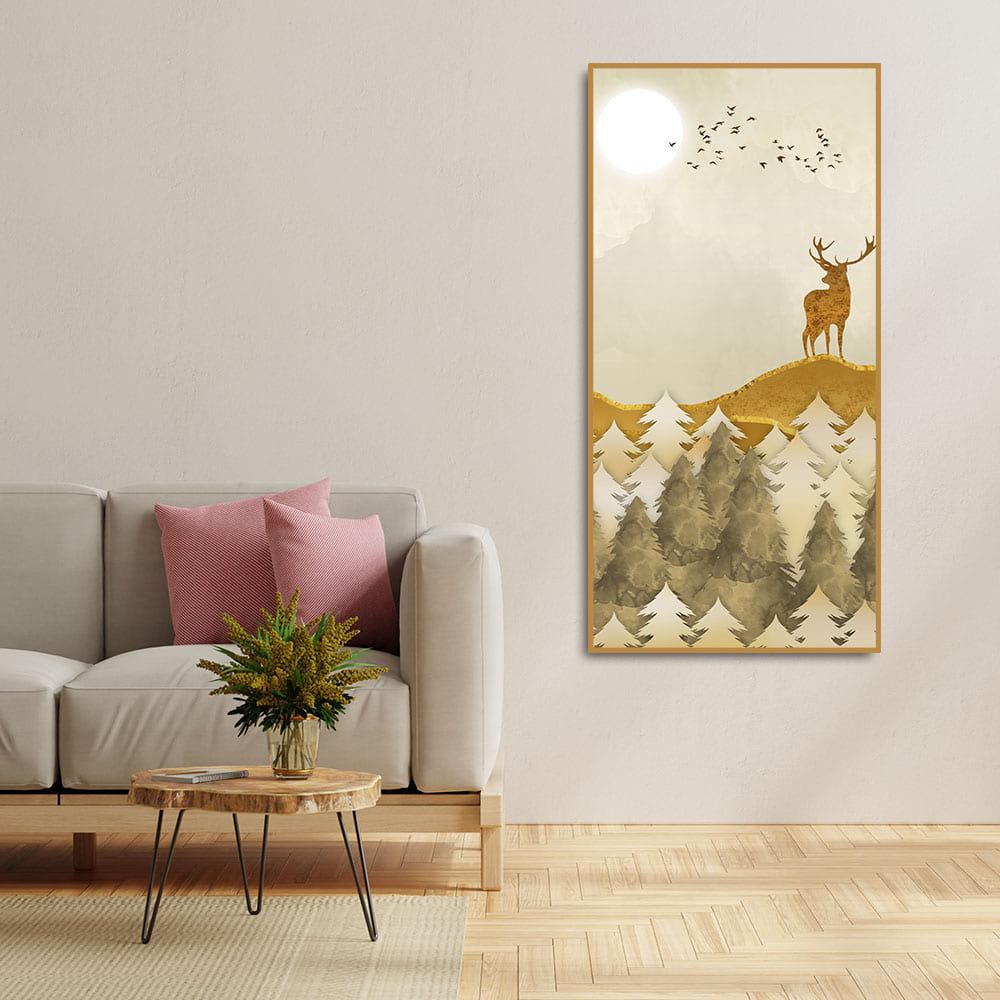 Beautiful Trees with Golden Deers Premium Canvas Wall Painting