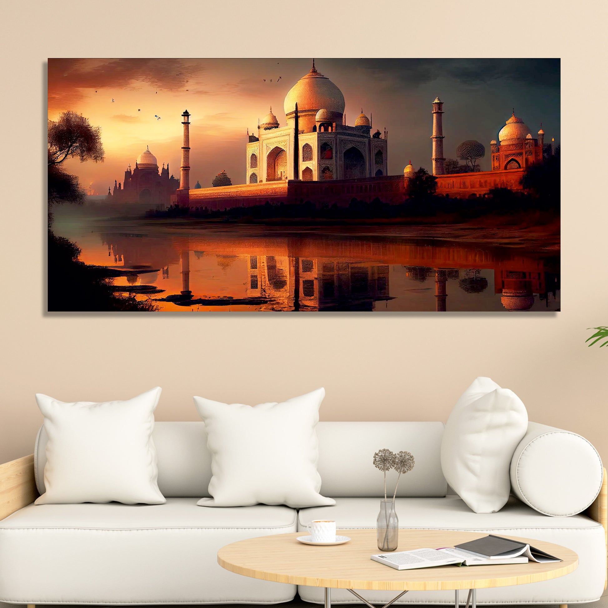 Beautiful View of Taj Mahal at Sunset Canvas Wall Painting