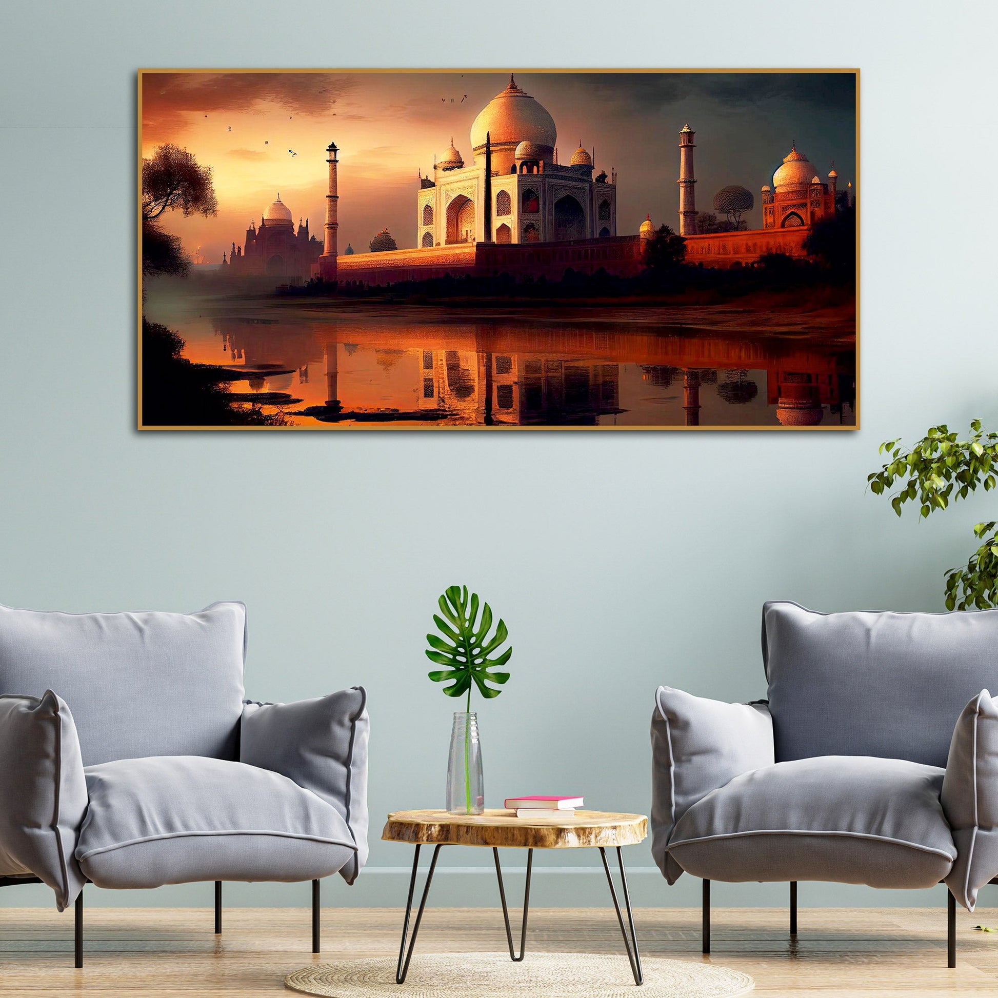 Beautiful View of Taj Mahal at Sunset Canvas Wall Painting