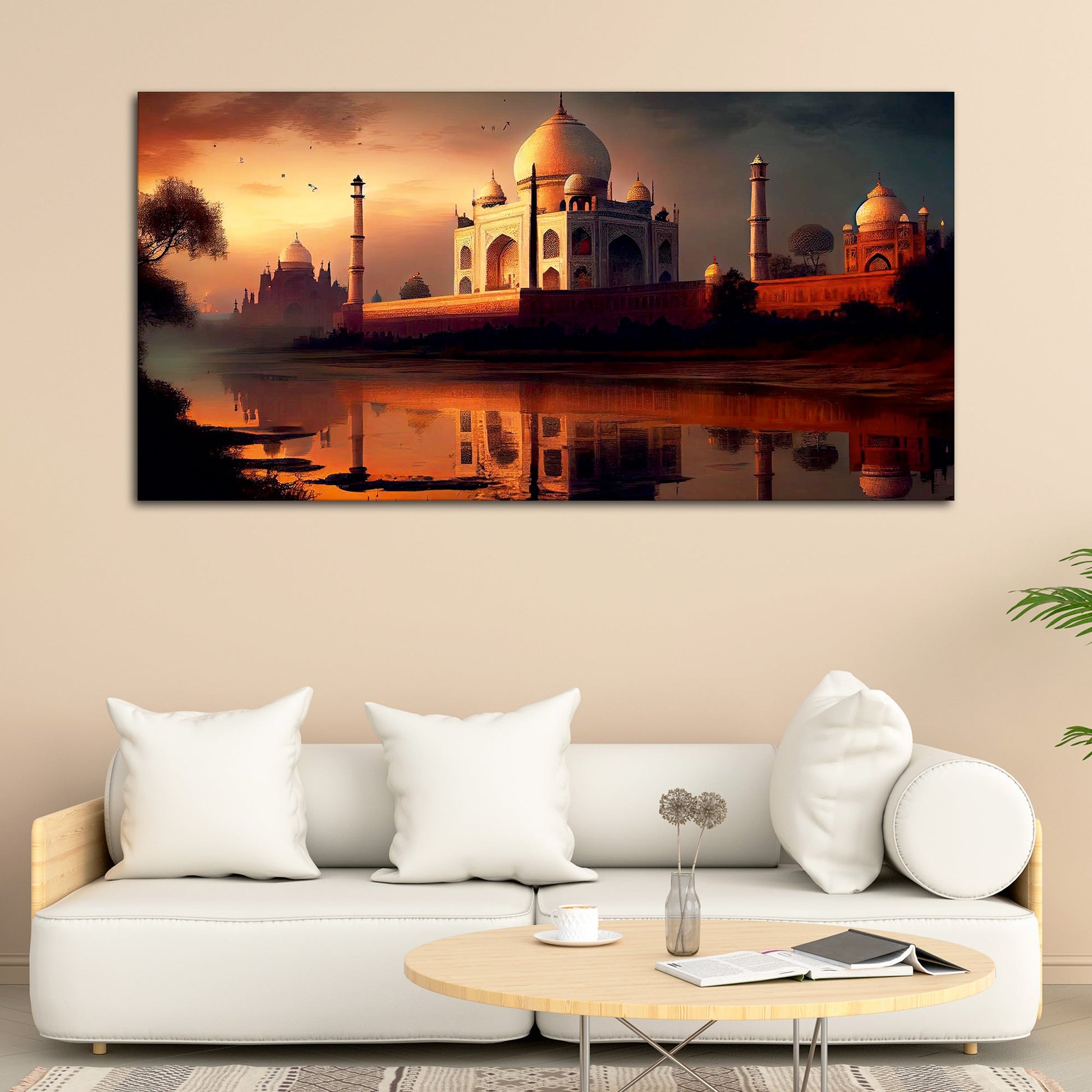 Beautiful View of Taj Mahal at Sunset Canvas Wall Painting